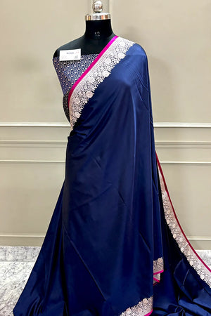 Navy Blue Plain Zari Border Katan Silk Banarasi Saree
