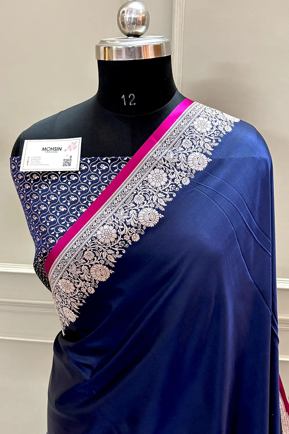 Navy Blue Plain Zari Border Katan Silk Banarasi Saree