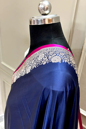 Navy Blue Plain Zari Border Katan Silk Banarasi Saree