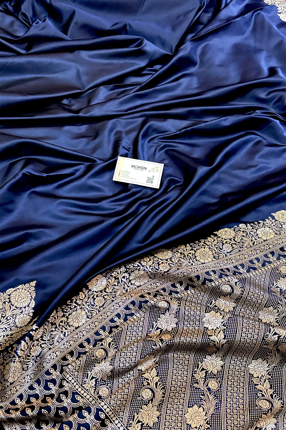 Navy Blue Plain Zari Border Katan Silk Banarasi Saree