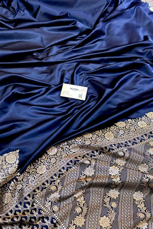 Navy Blue Plain Zari Border Katan Silk Banarasi Saree