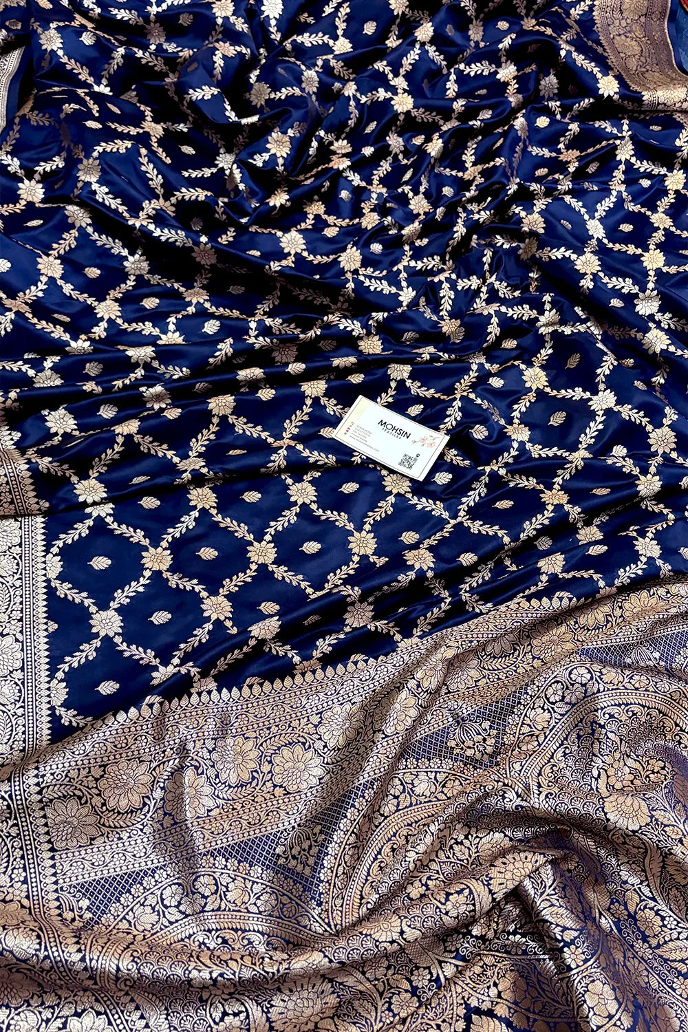 Navy Blue Qaidi Buti Katan Silk Banarasi Saree