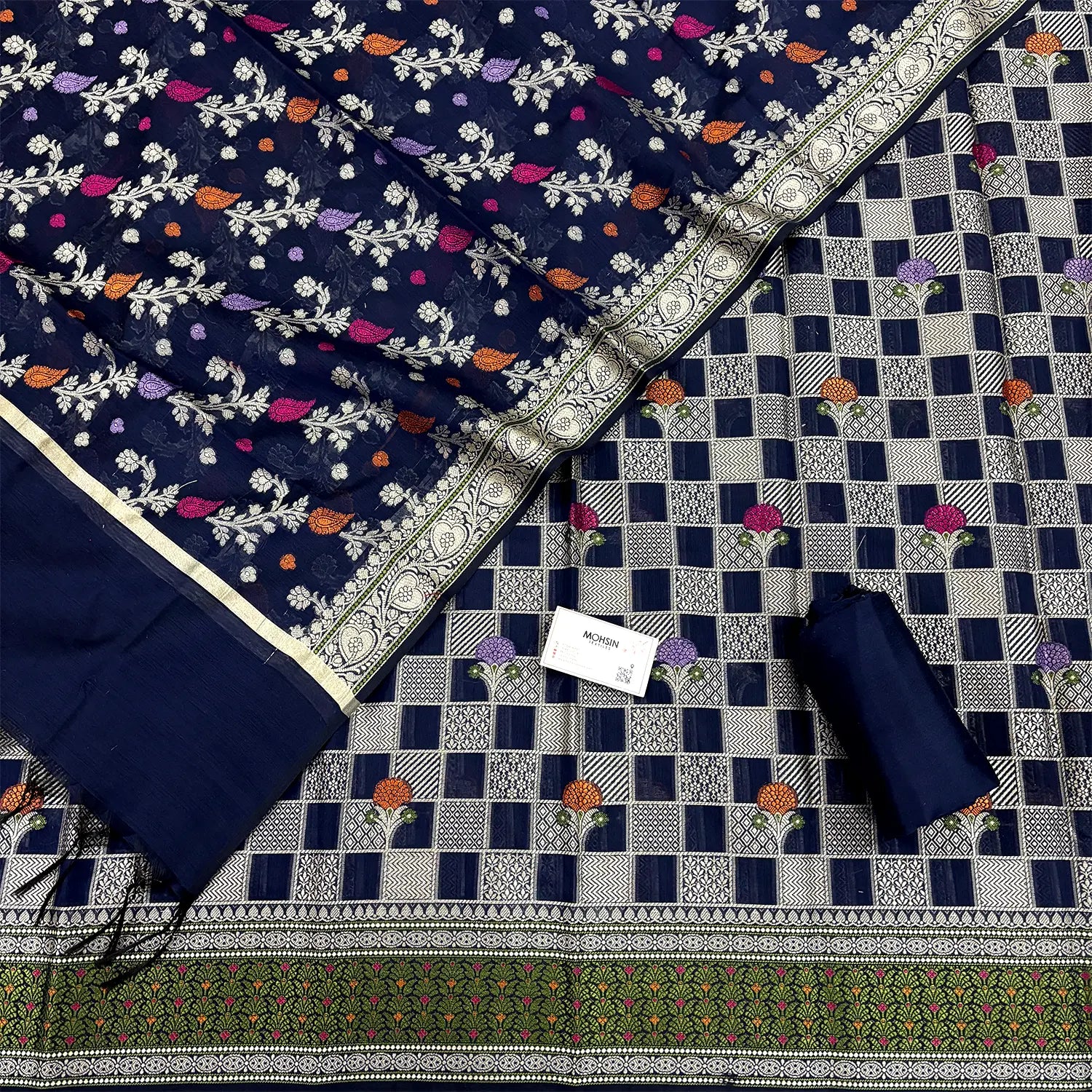 Navy Blue Resham Banarasi Silk Suit