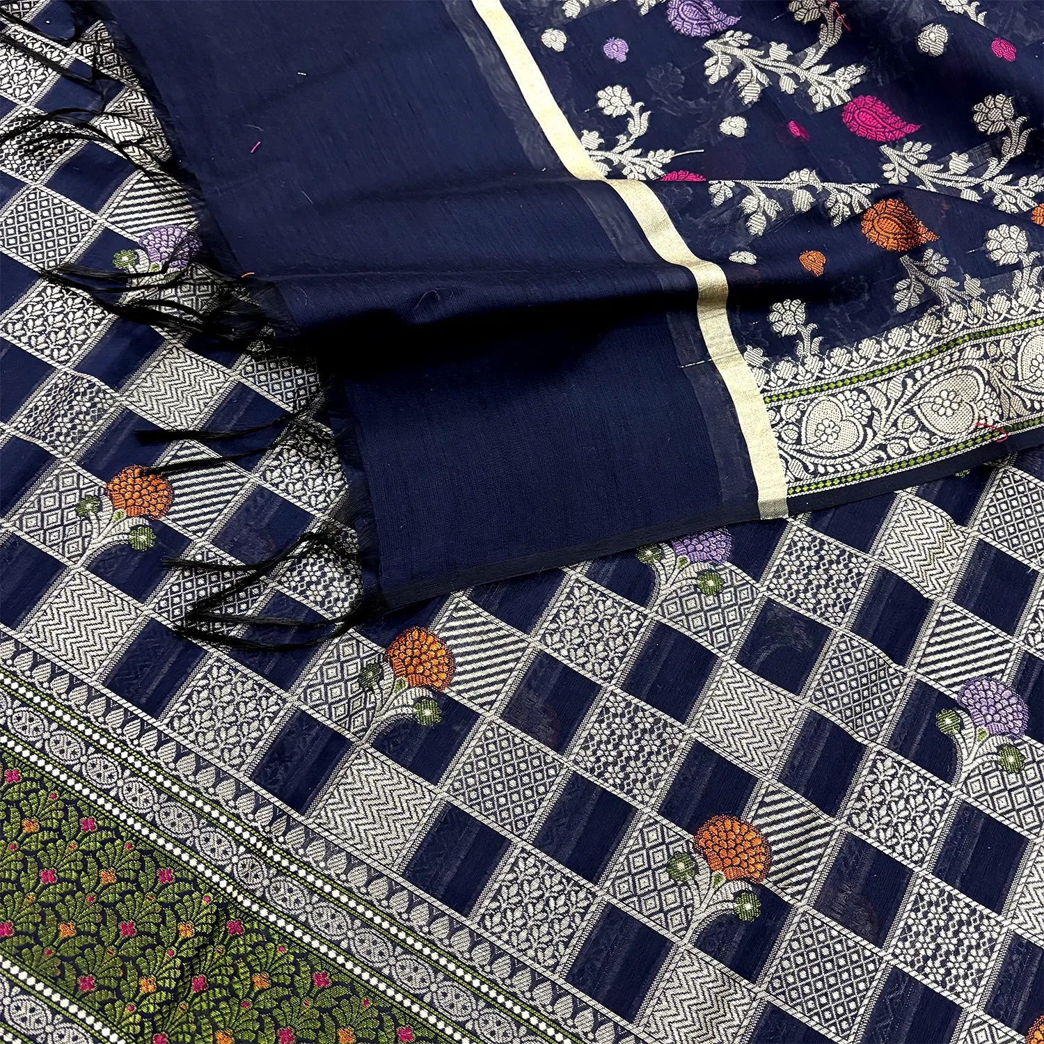 Navy Blue Resham Banarasi Silk Suit