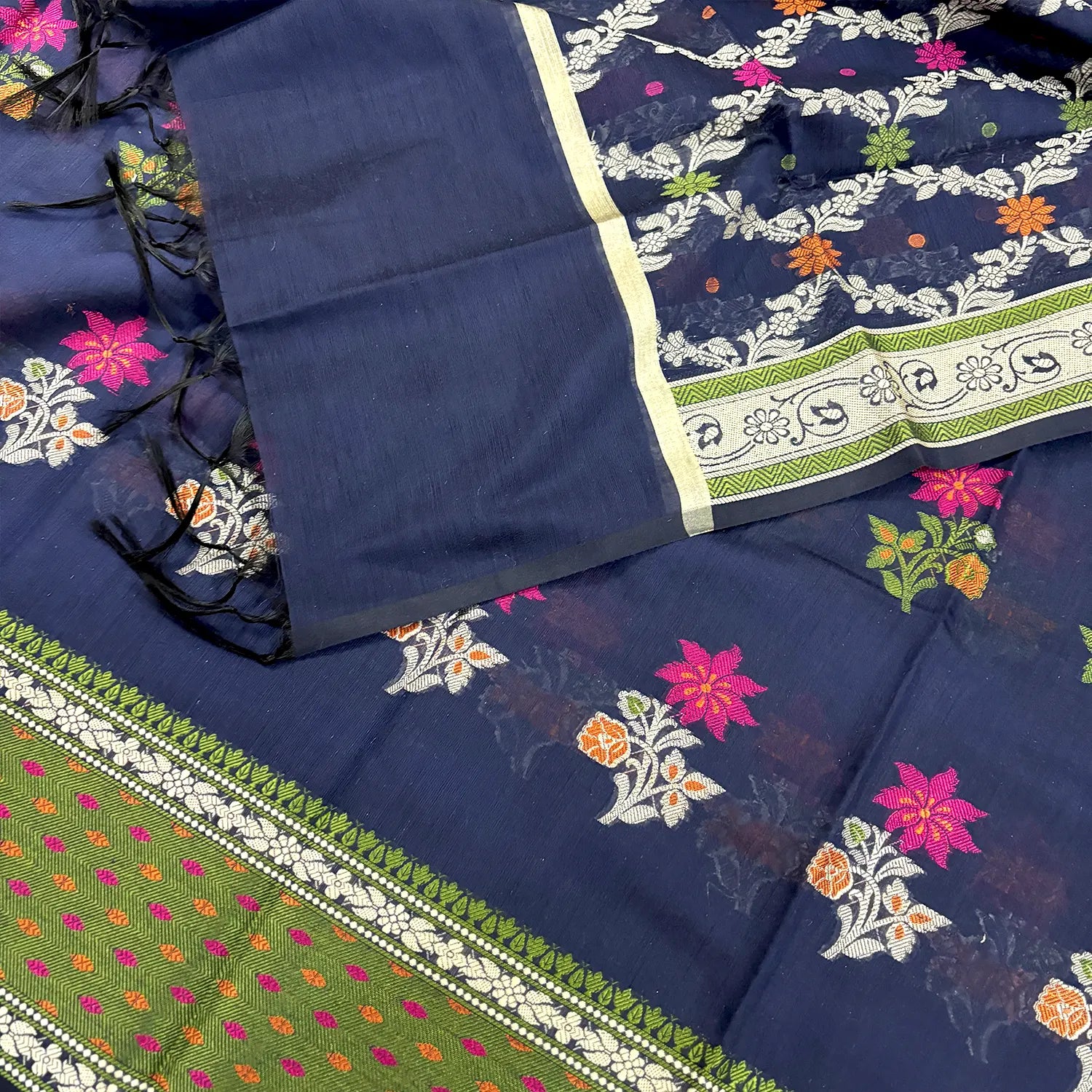 Navy Blue Resham Banarasi Silk Suit