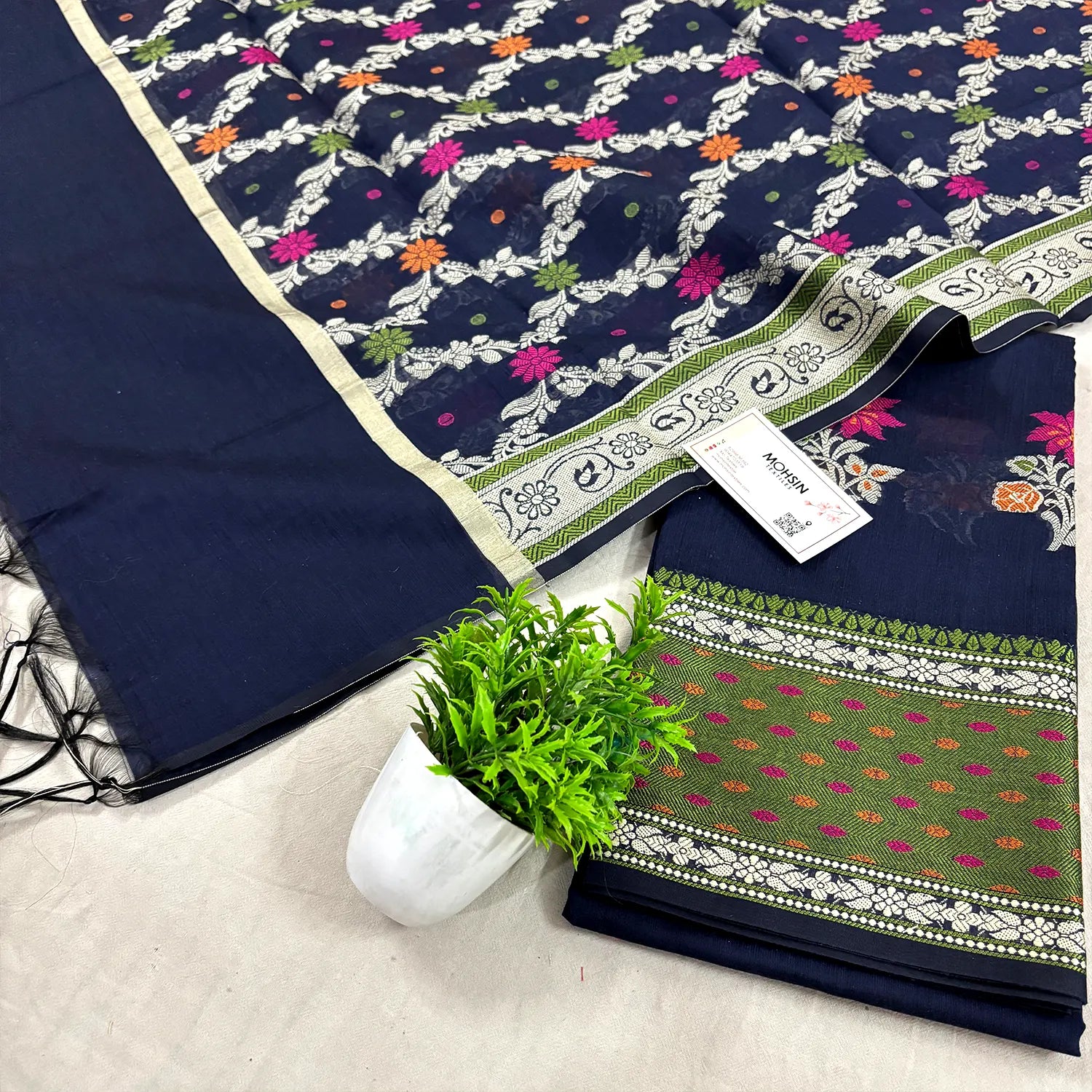 Navy Blue Resham Banarasi Silk Suit