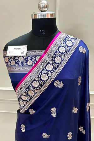 Navy Blue Rose Buti Katan Silk Banarasi Saree