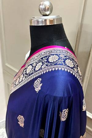 Navy Blue Rose Buti Katan Silk Banarasi Saree