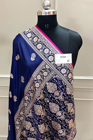 Navy Blue Rose Buti Katan Silk Banarasi Saree