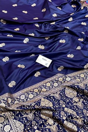 Navy Blue Rose Buti Katan Silk Banarasi Saree