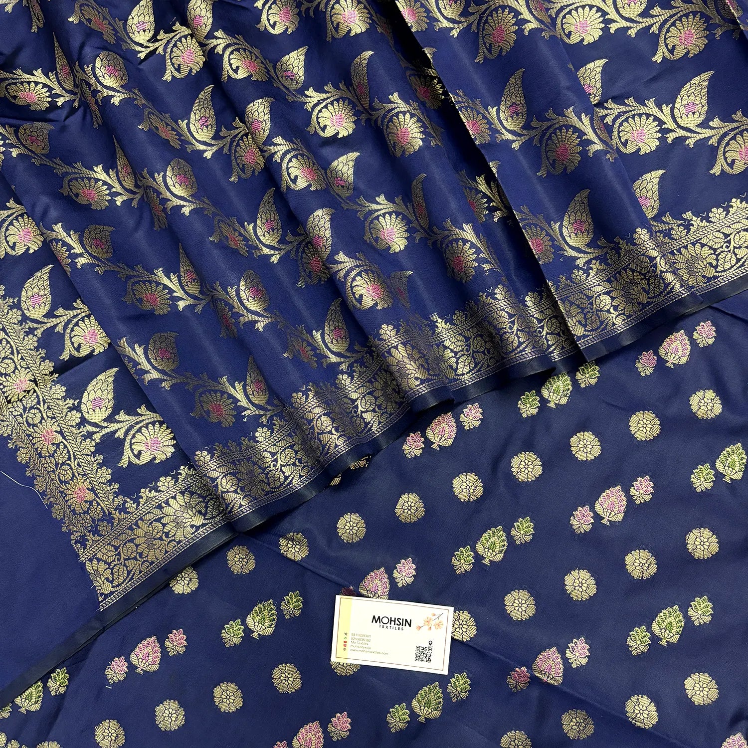 Navy Blue Semi Katan Silk Banarasi Suit