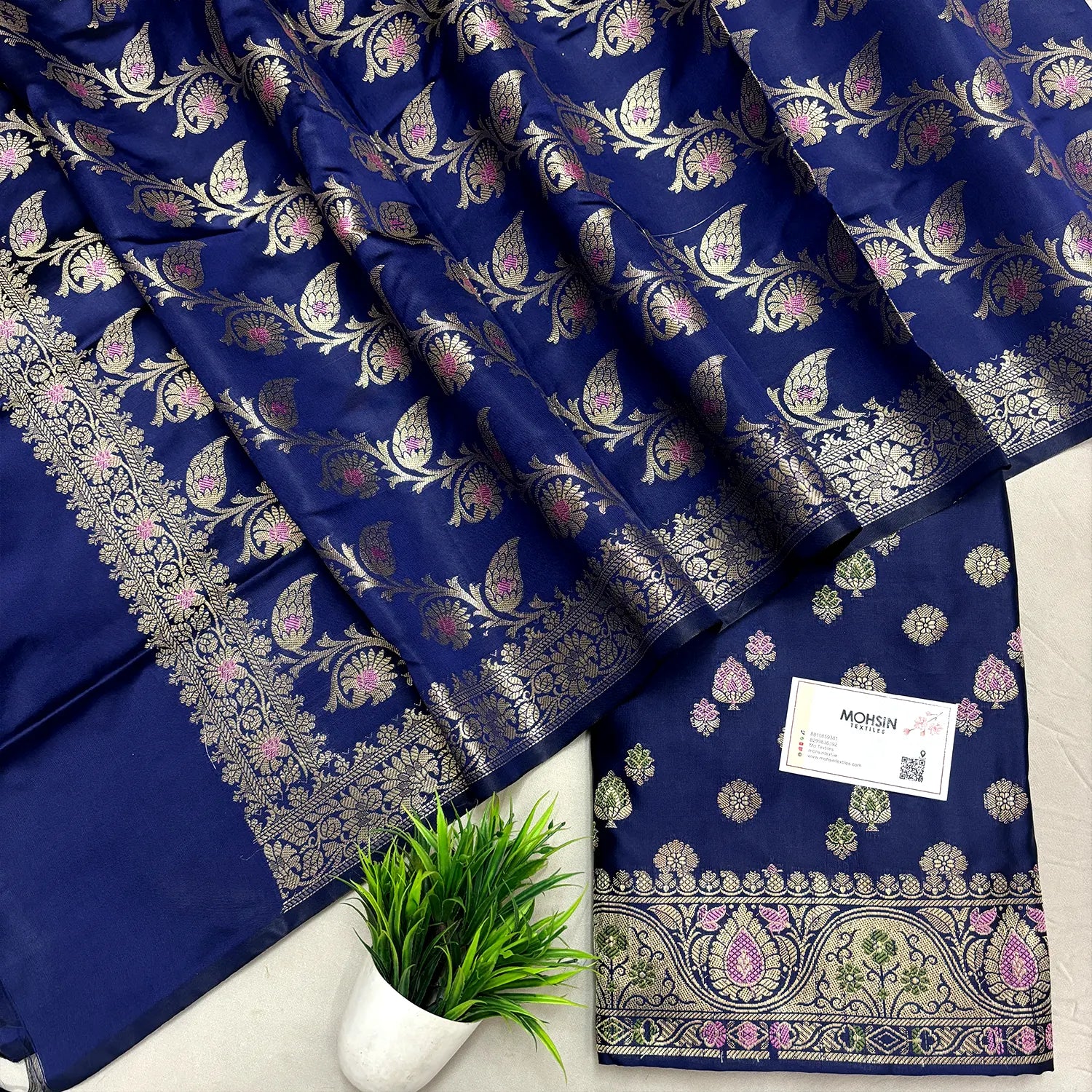 Navy Blue Semi Katan Silk Banarasi Suit