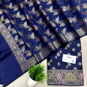 Navy Blue Semi Katan Silk Banarasi Suit
