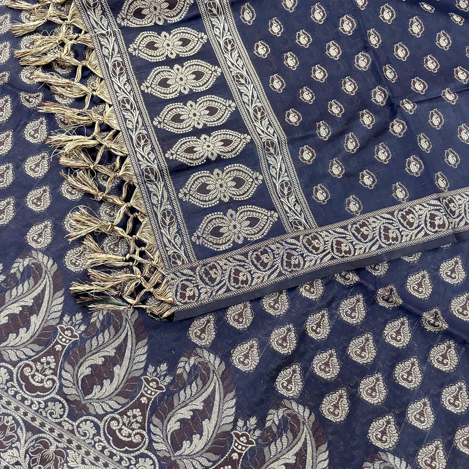 Navy Blue Surahi Buti Cotton Silk Banarasi Suit 
