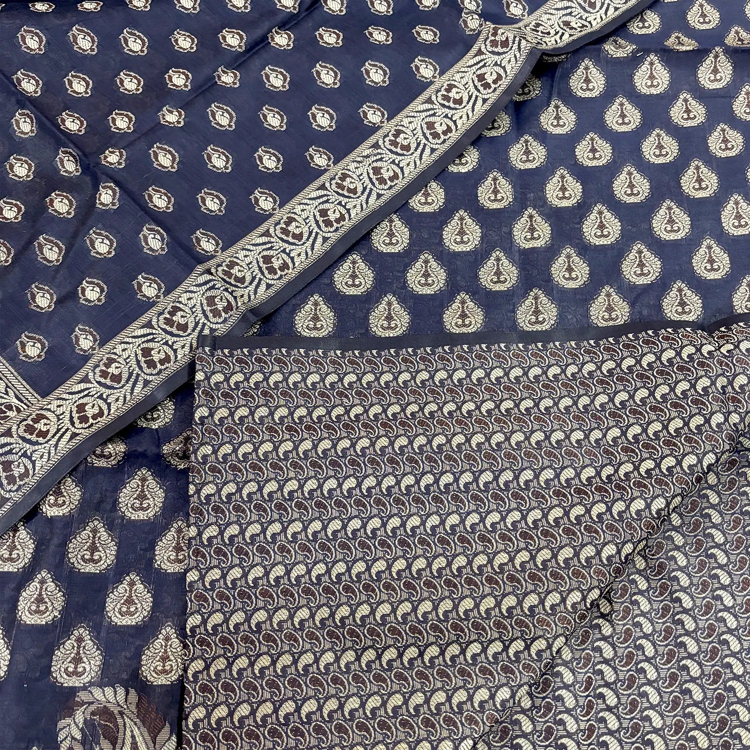 Navy Blue Surahi Buti Cotton Silk Banarasi Suit 