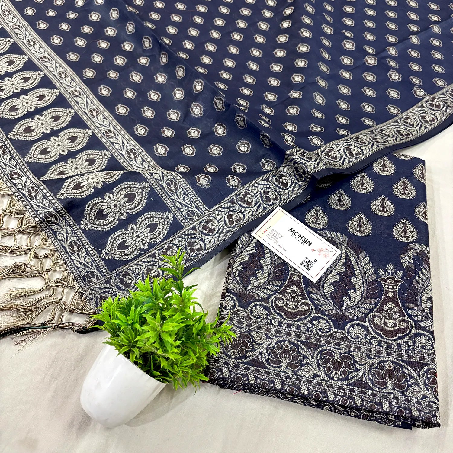 Navy Blue Surahi Buti Cotton Silk Banarasi Suit 