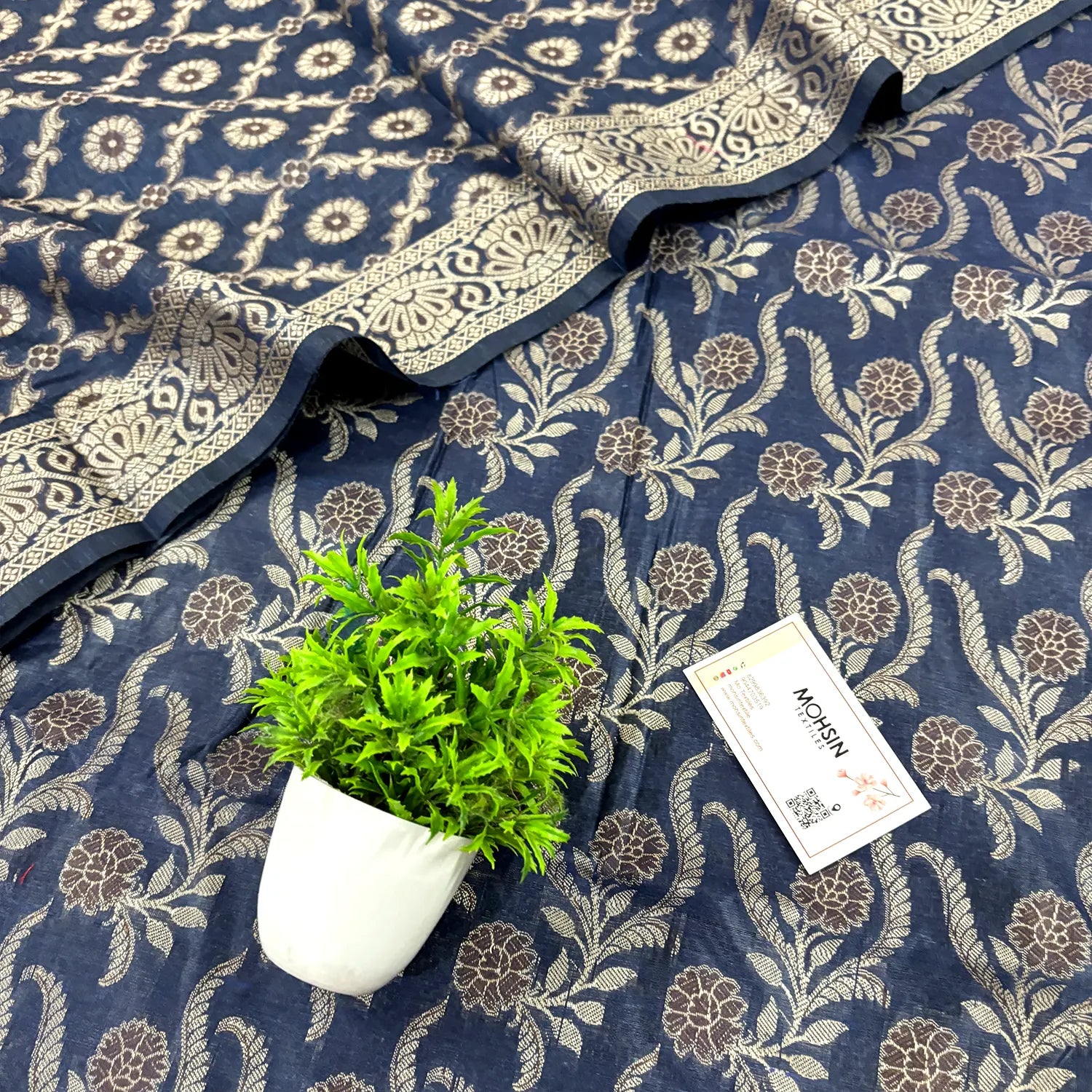 Navy Blue Yoga Jaal Cotton Silk Banarasi Suit