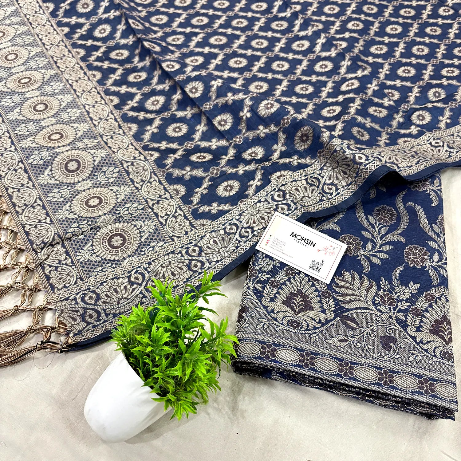 Navy Blue Yoga Jaal Cotton Silk Banarasi Suit