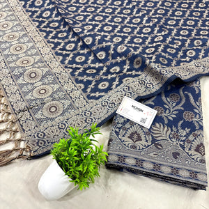 Navy Blue Yoga Jaal Cotton Silk Banarasi Suit