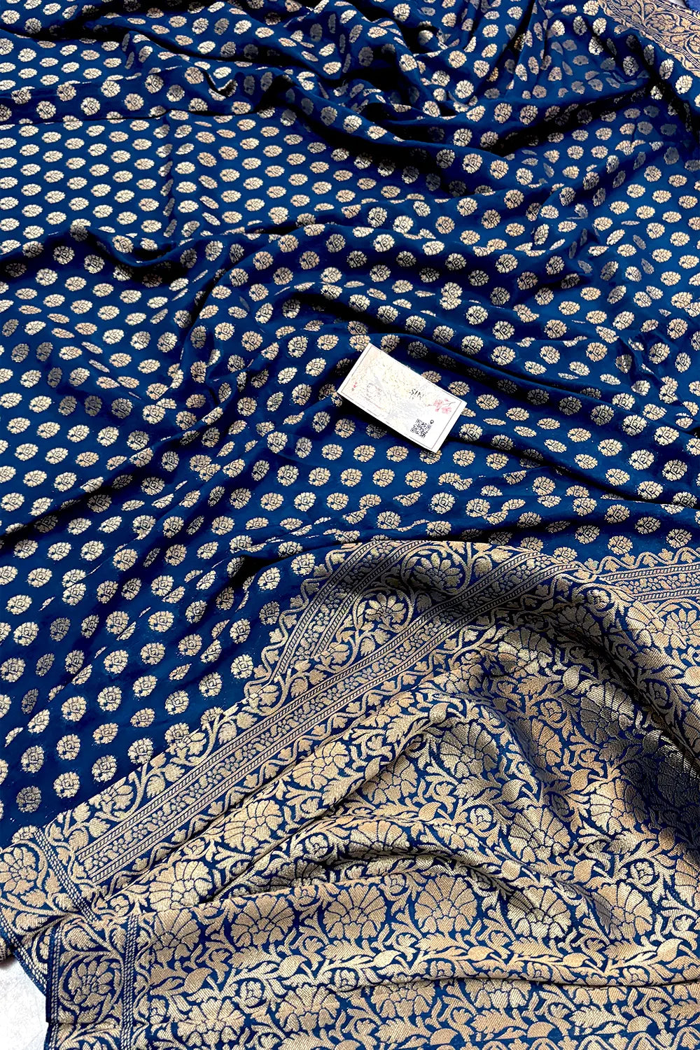 Navy Blue Zari Georgette Silk Banarasi Saree