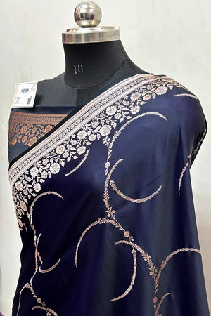 Navy Blue Zari Katan Mashru Silk Banarasi Saree