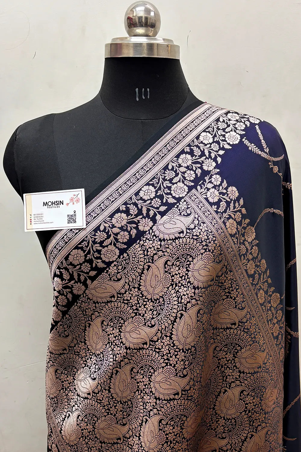 Navy Blue Zari Katan Mashru Silk Banarasi Saree