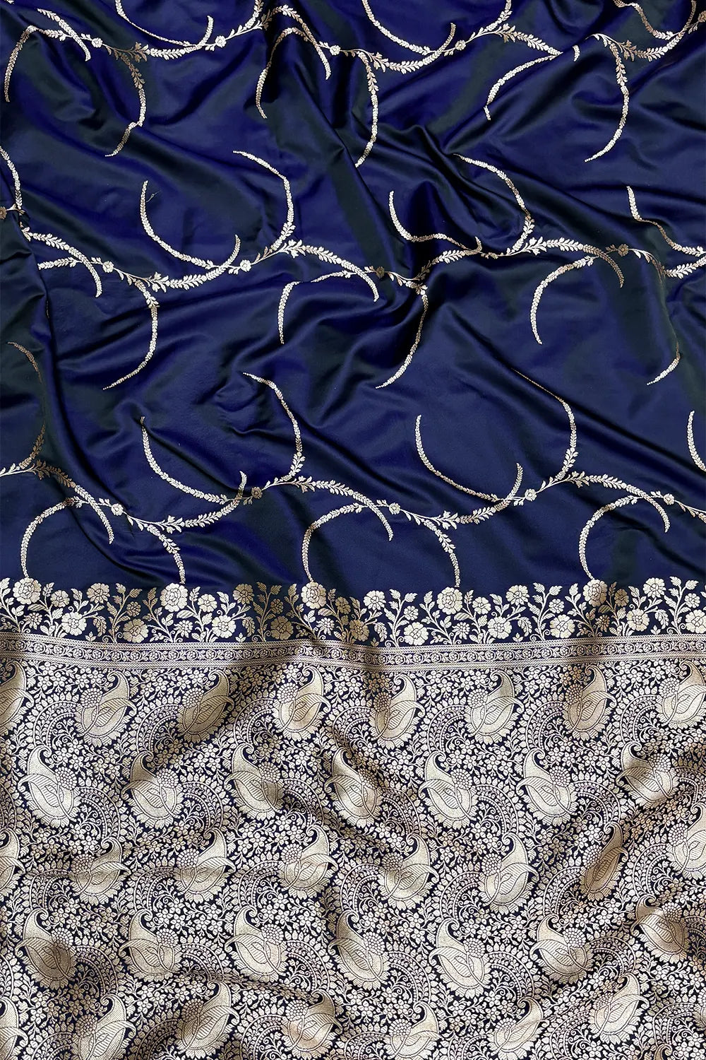 Navy Blue Zari Katan Mashru Silk Banarasi Saree