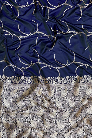 Navy Blue Zari Katan Mashru Silk Banarasi Saree