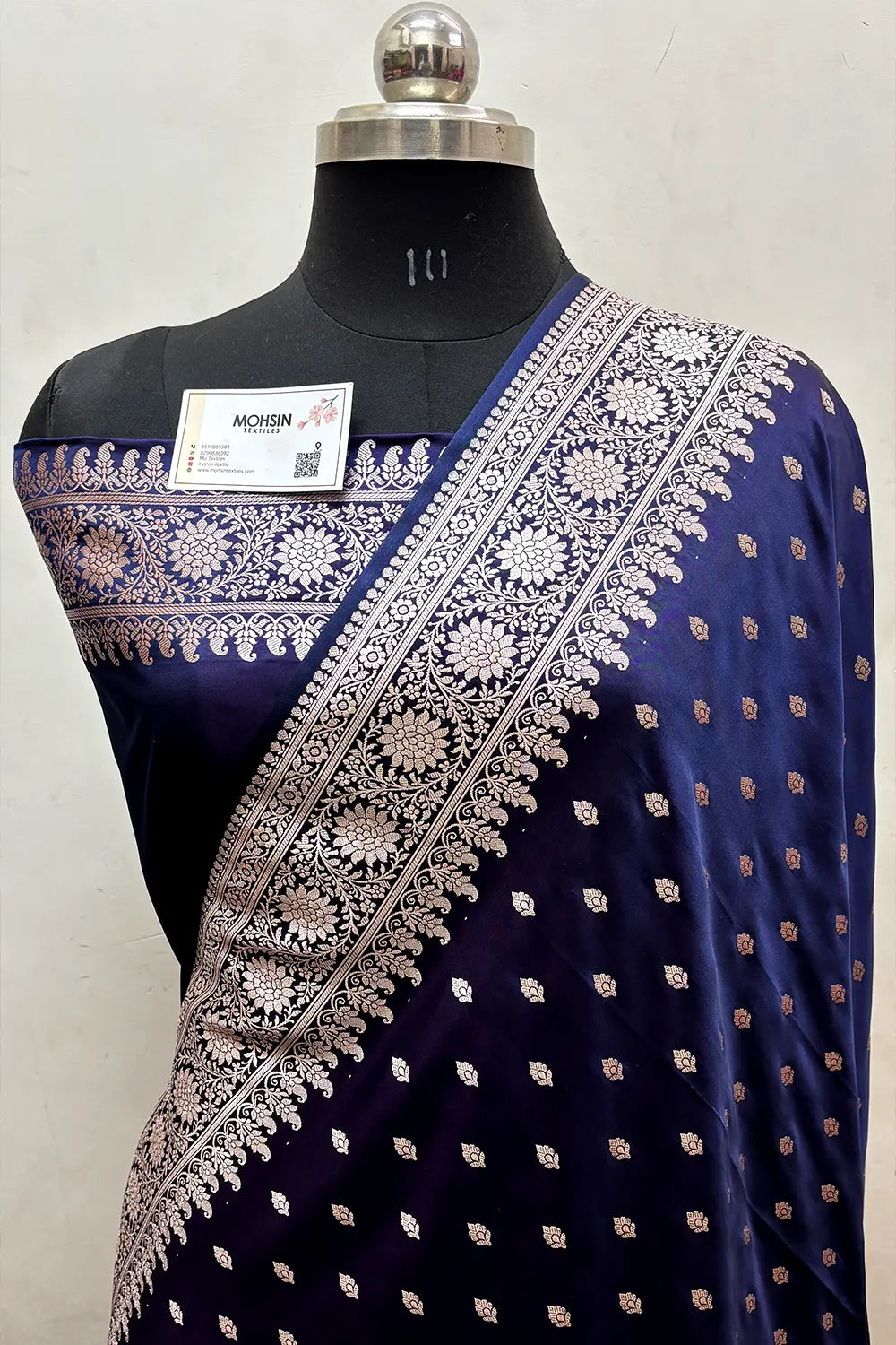 Navy Blue Zari Katan Mashru Silk Banarasi Saree