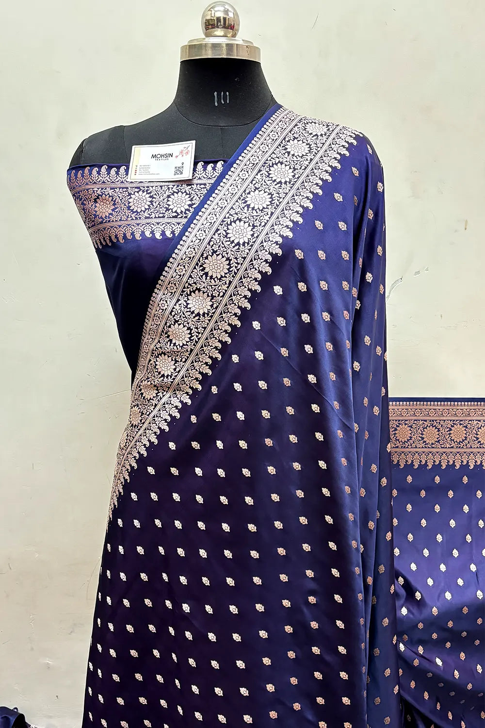 Navy Blue Zari Katan Mashru Silk Banarasi Saree
