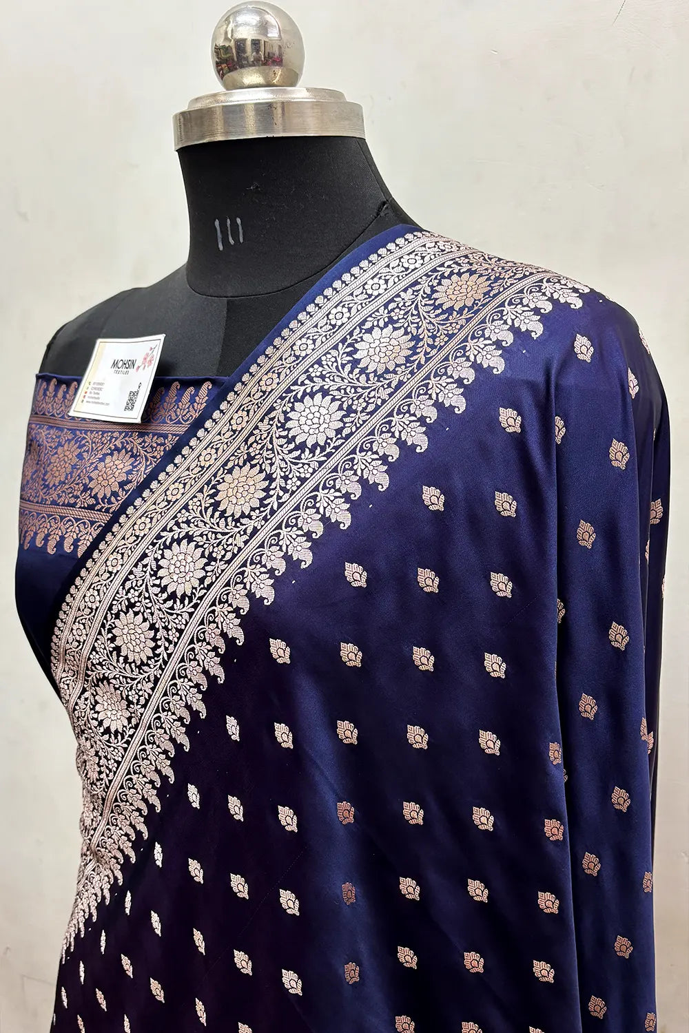Navy Blue Zari Katan Mashru Silk Banarasi Saree