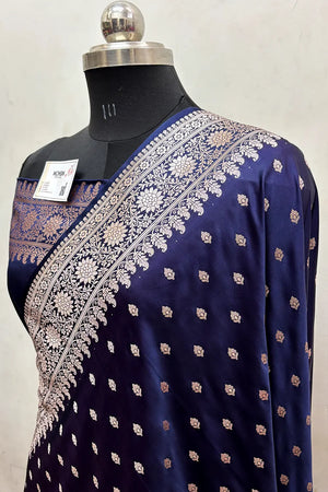 Navy Blue Zari Katan Mashru Silk Banarasi Saree