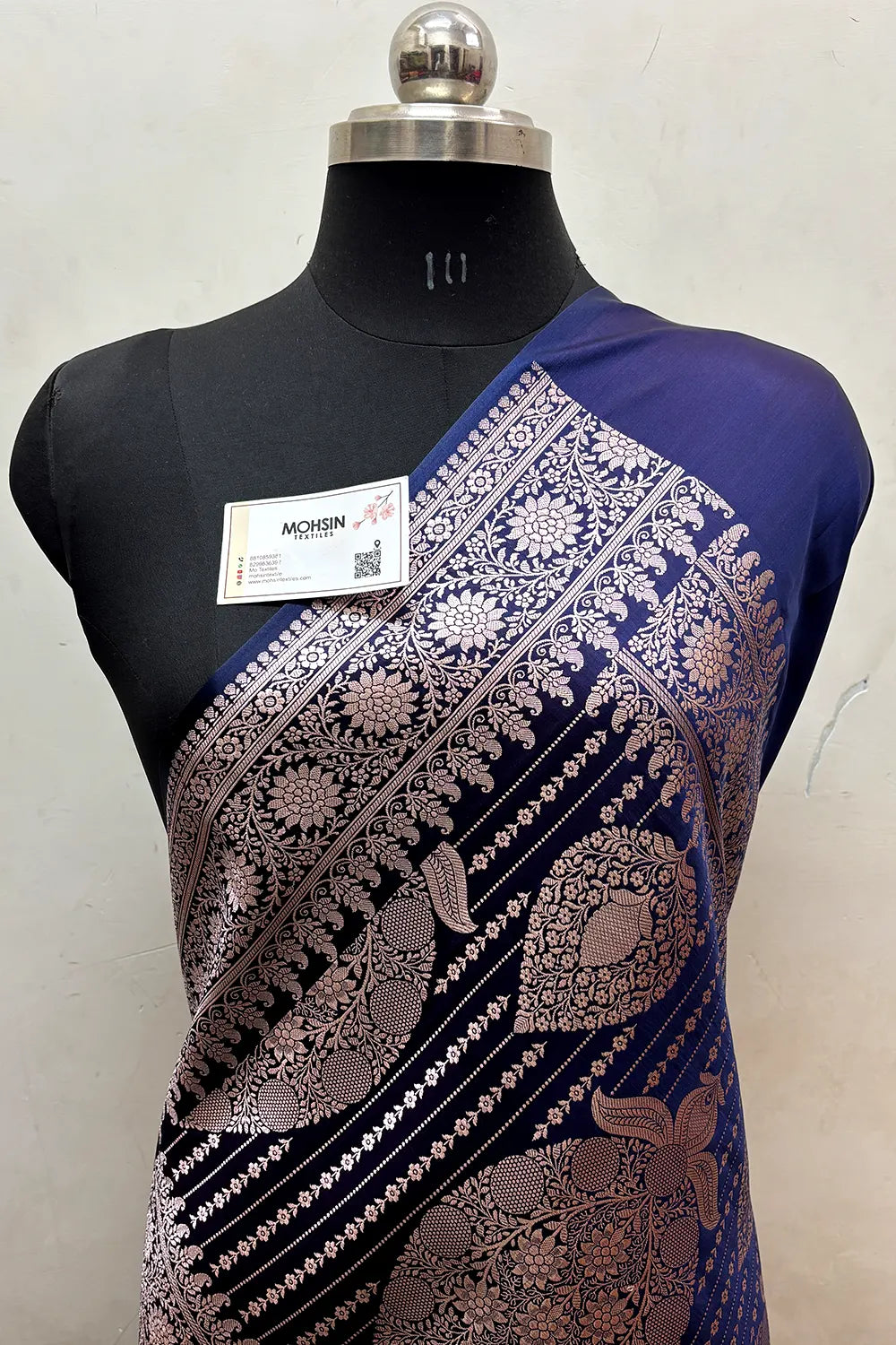 Navy Blue Zari Katan Mashru Silk Banarasi Saree