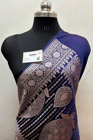 Navy Blue Zari Katan Mashru Silk Banarasi Saree