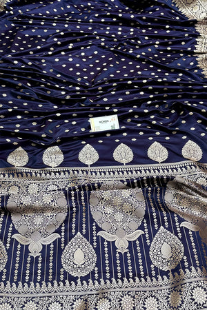 Navy Blue Zari Katan Mashru Silk Banarasi Saree