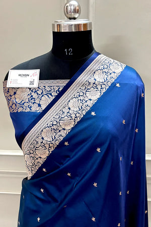 Navy Blue Zari Katan Mashru Silk Banarasi Saree