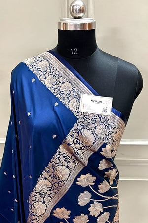 Navy Blue Zari Katan Mashru Silk Banarasi Saree
