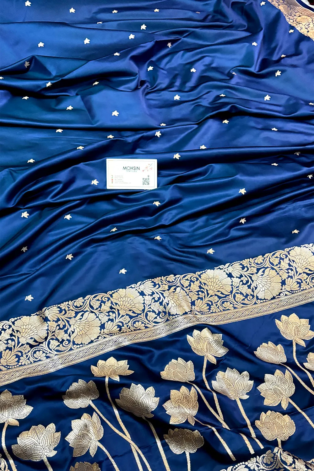 Navy Blue Zari Katan Mashru Silk Banarasi Saree