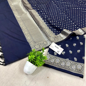 Navy Blue Zari Katan Silk Banarasi Suit