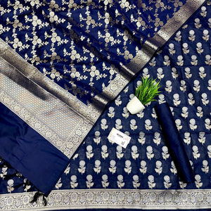 Navy Blue Zari Katan Silk Banarasi Suit