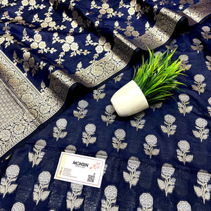 Navy Blue Zari Katan Silk Banarasi Suit