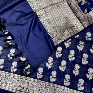 Navy Blue Zari Katan Silk Banarasi Suit