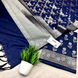 Navy Blue Zari Katan Silk Banarasi Suit