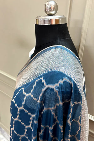 Navy Blue Zari Organza Silk Banarasi Saree