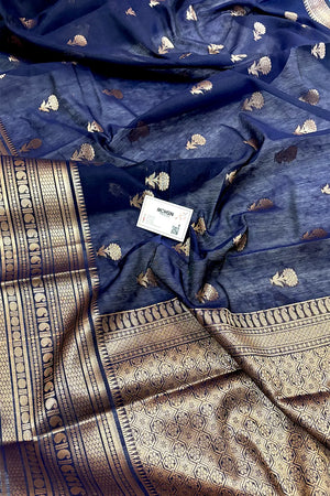 Navy Blue Zari Resham Banarasi Silk Saree