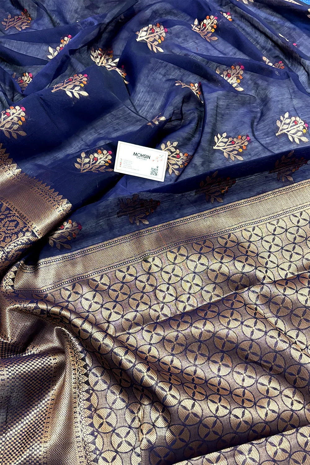 Navy Blue Zari Resham Banarasi Silk Saree