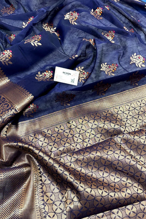 Navy Blue Zari Resham Banarasi Silk Saree