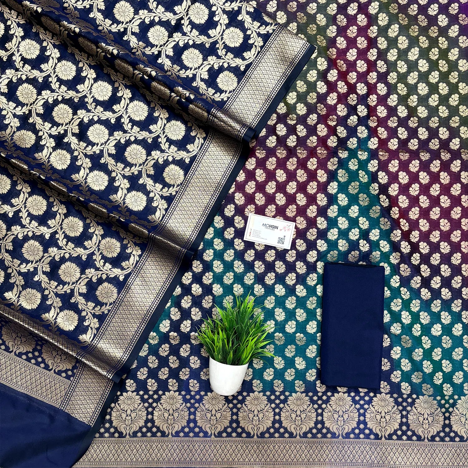 Navy Teal Guldaan Fool Rangkaat Katan Silk Banarasi Suit