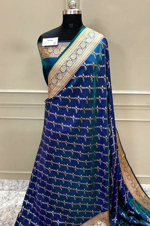 Navy Teal Zari Katan Silk Banarasi Saree