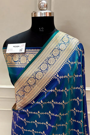Navy Teal Zari Katan Silk Banarasi Saree